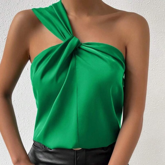 One Shoulder Solid Satin Blouse - Picture 3 of 9